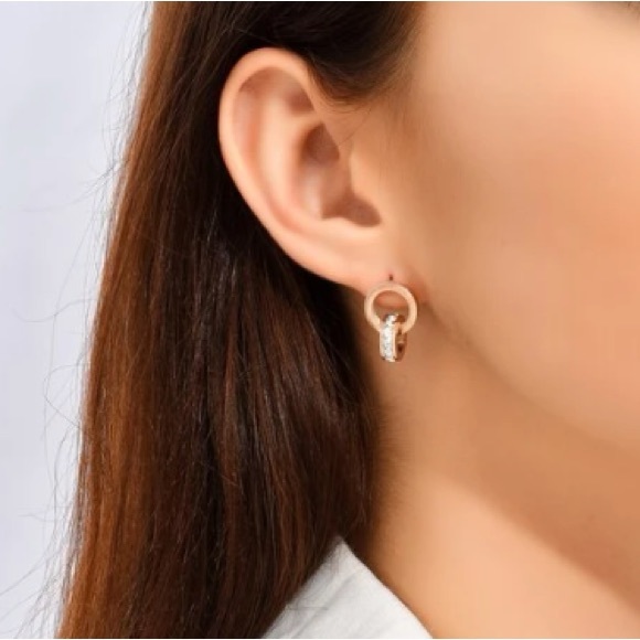 18K Rose Gold Titanium Steel Roman Numerals Circle CZ Stud Earrings - Picture 3 of 6